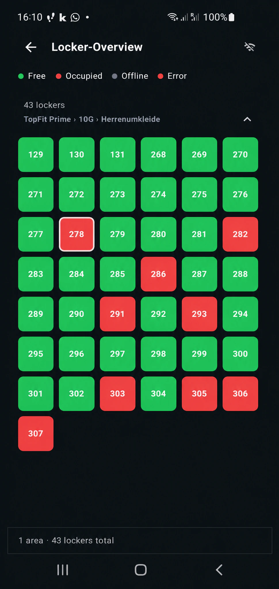 Gymlock mobile app showing lockers and their status